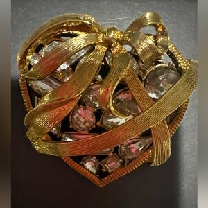 Vintage Two Part Gold Tone Heart Clear Rhinestones In The Center Fashion Brooch